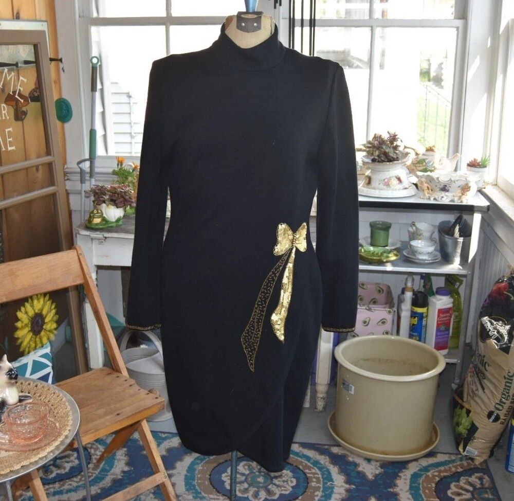 Vtg 70s Wool Dress Gold Sequin Bow, Black, Warren Knits Marisa Christina, Medium